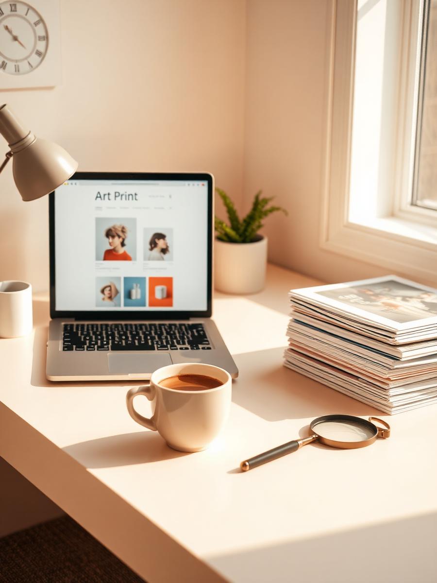 Studio desk with handmade prints and a laptop