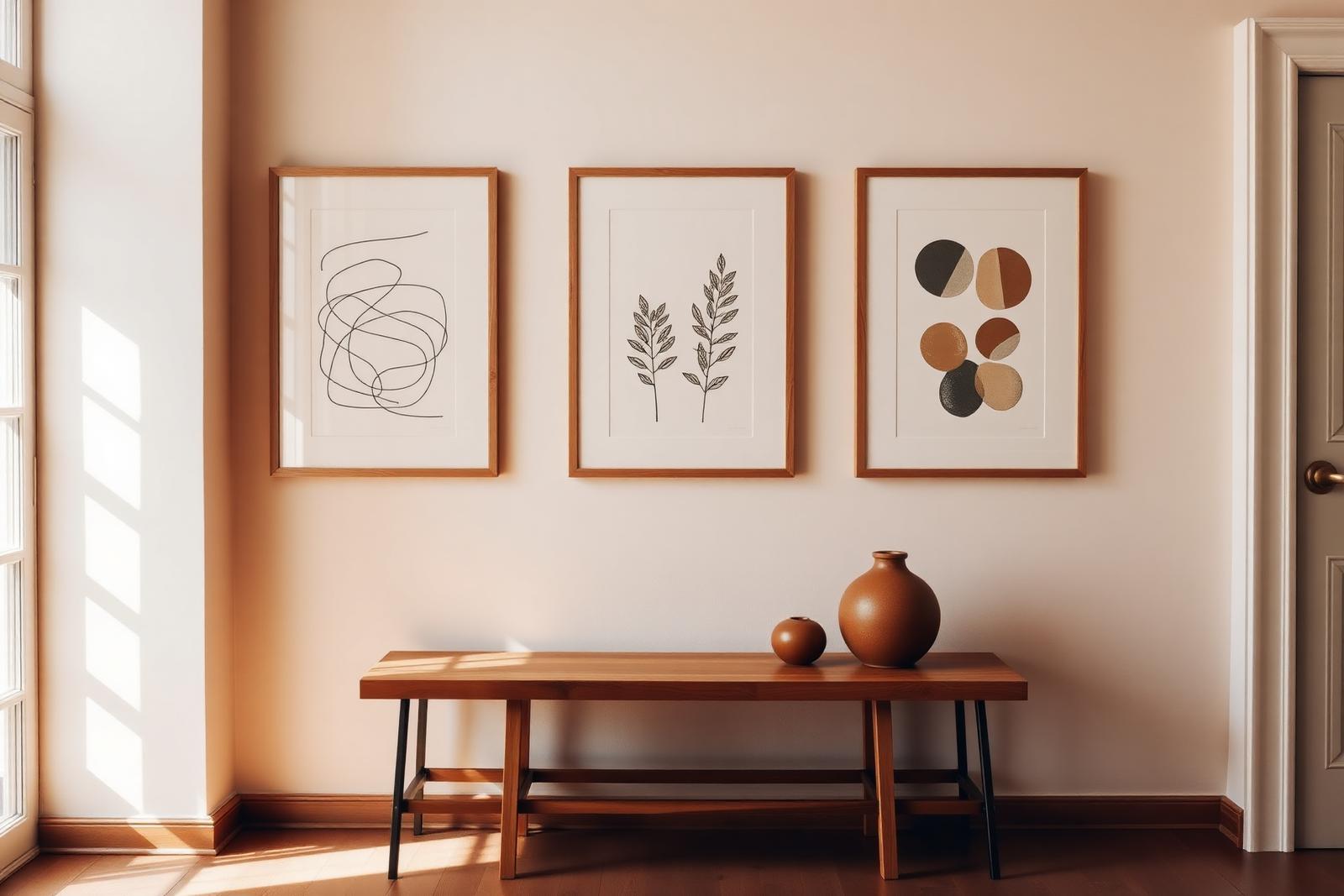 Framed art prints in a warm, minimal living room